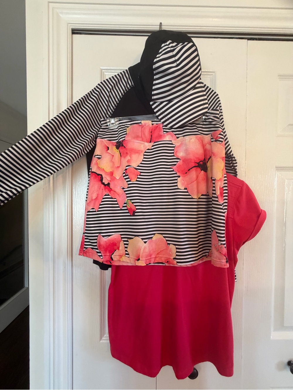 Jofit Black & White Striped complete golf outfit. 3/4 zip, coral/pink top,skort